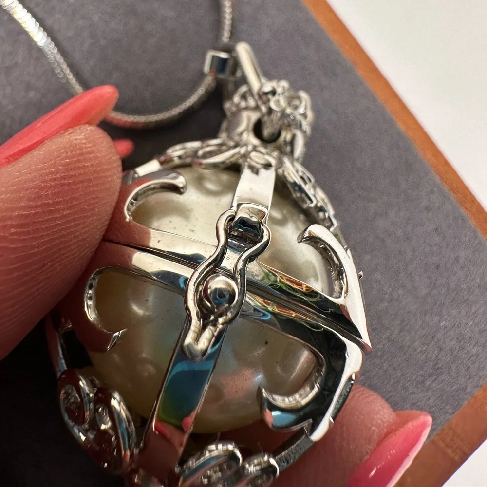 LUCKY Brand Locket Orb Pendant Necklace Silver Tone 34” Long Cage Pearl Ball - Picture 6 of 9